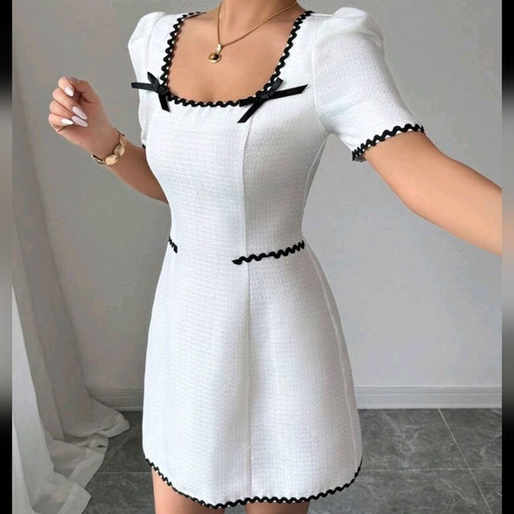 Summer Elegant Colorblock Ribbon Bow Accent Puff Sleeve Dress - Picture 4 of 4